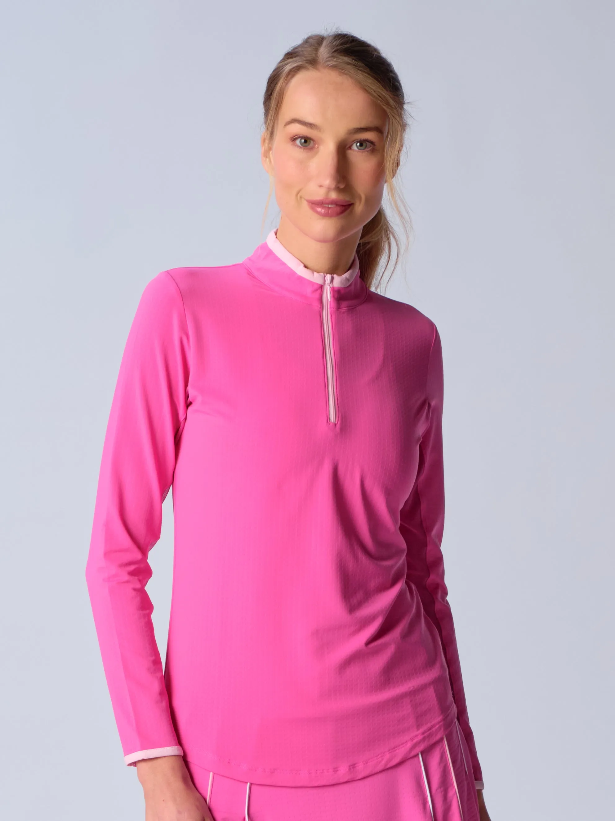 High Neckline Structure Color Block Trim Quarter Zip Long Sleeve Top In Hot Pink