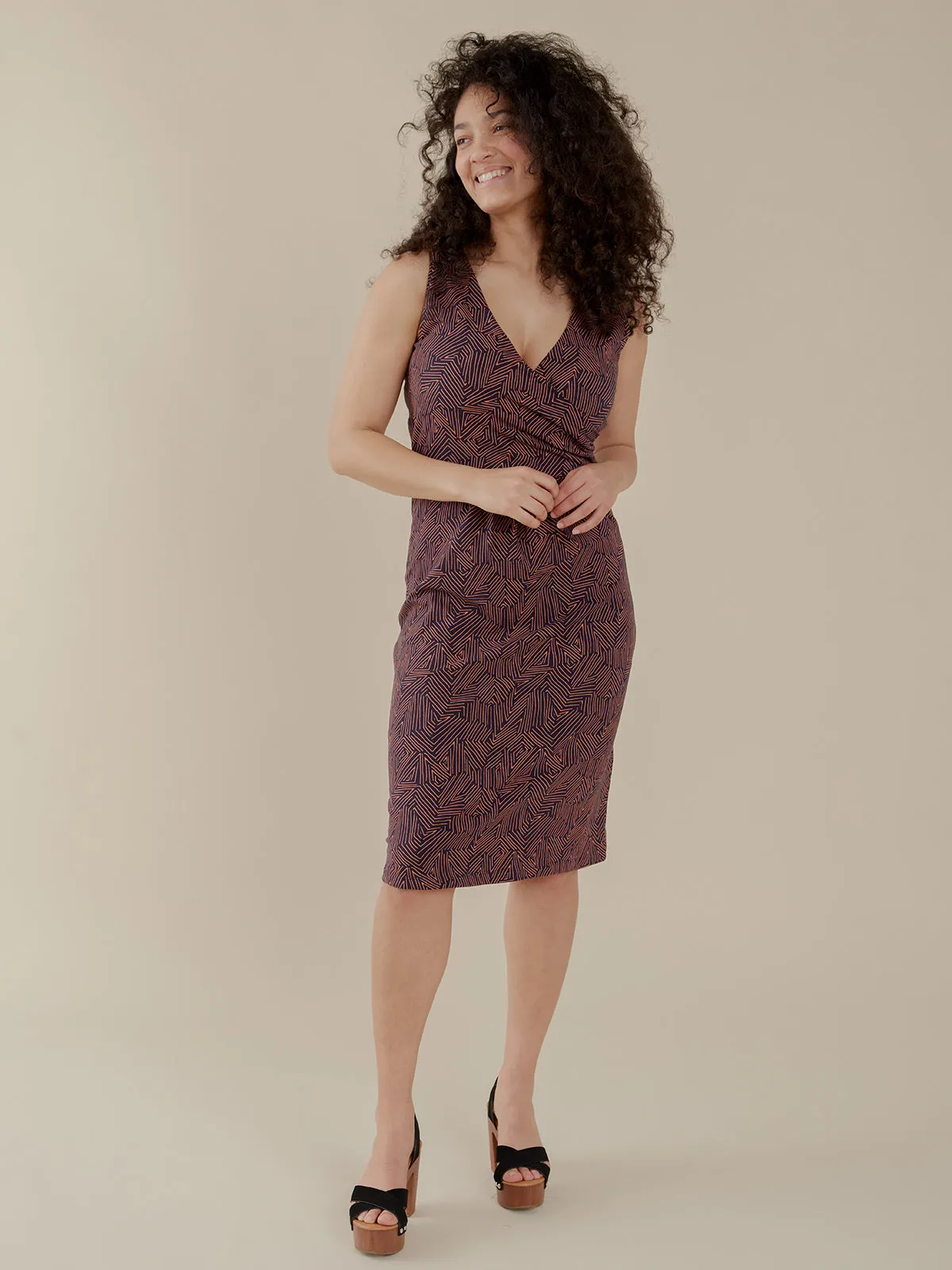 Danica Wrap Dress - Tree Rings Blue Yarn Dyed Fabric