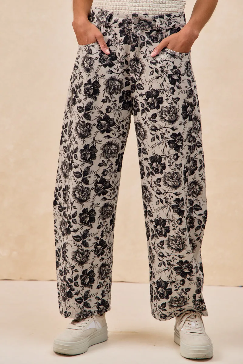 IB1707S-02P | ROSE PRINTED TWILL BARREL PANTS EcoFriendlyTexture Wide Shoulder Cut