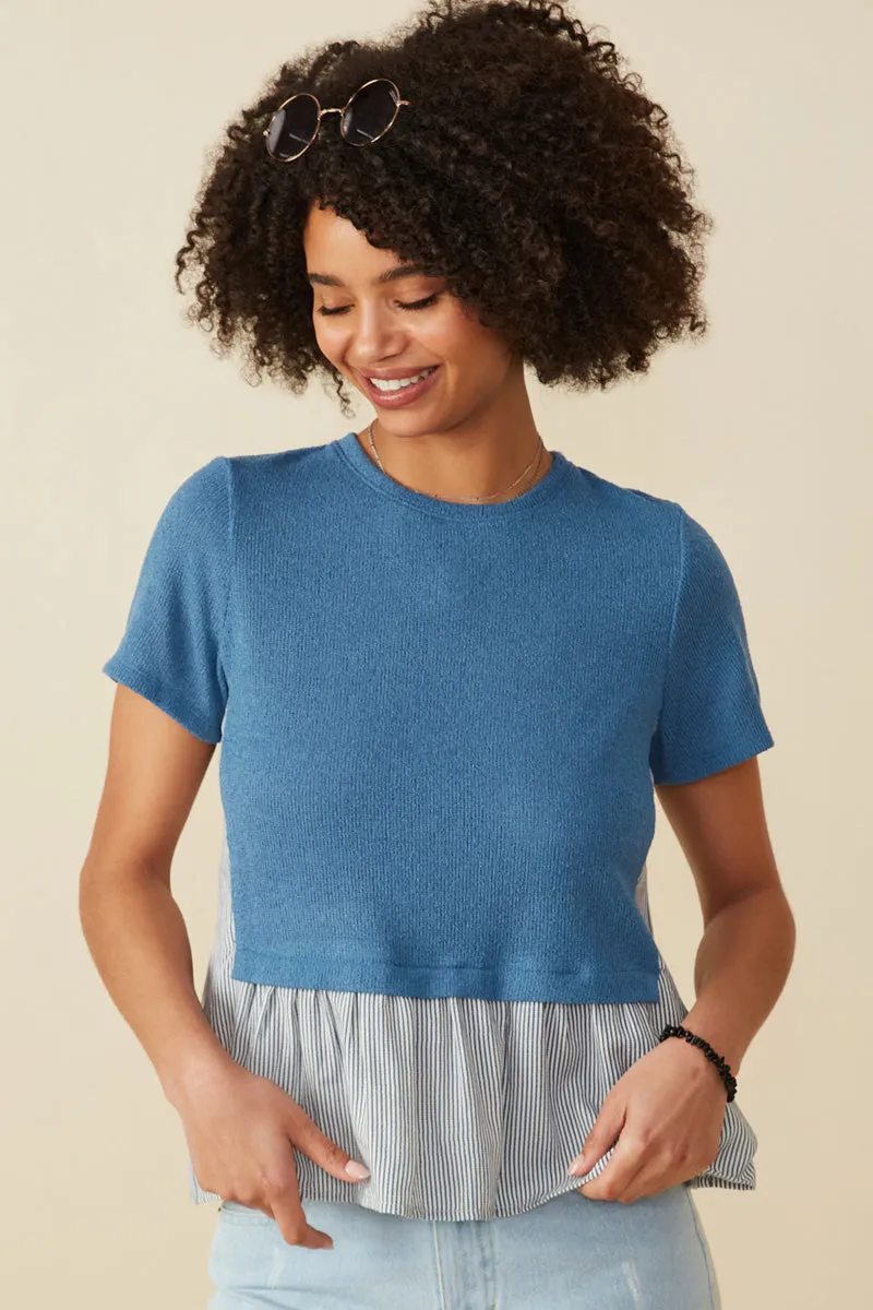 Loose Blouse BoxyCrop Mix Media Contrast Striped Twofer Top