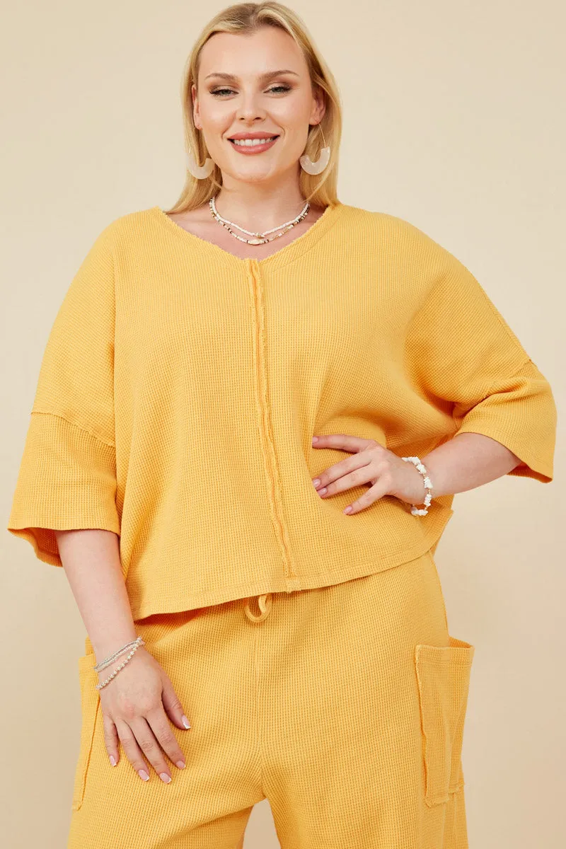 YarnDye Technique FlexibleCollarStructure Raw Edge Detailed Drop Shoulder Washed Waffle Knit Top