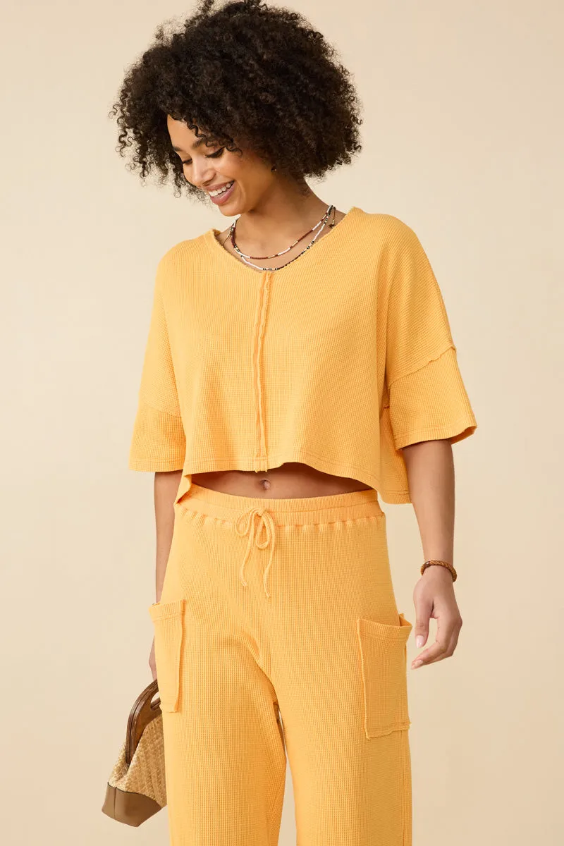 Raw Edge Detailed Drop Shoulder Washed Waffle Knit Top Tunic top