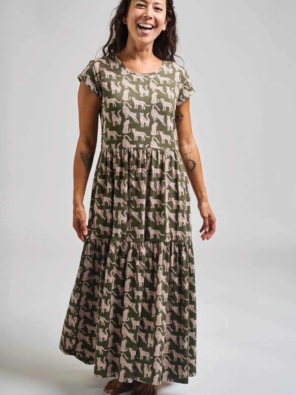 Breathable back panel Tiered Jersey Dress - Leopard Green