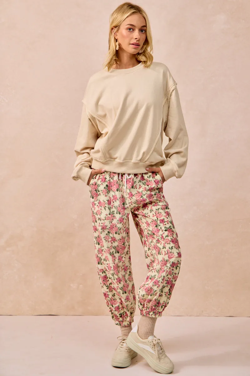 Bonded Fabric IB1829-01 | FLORAL PRINTED TWILL PANTS WITH ELASTIC BAND