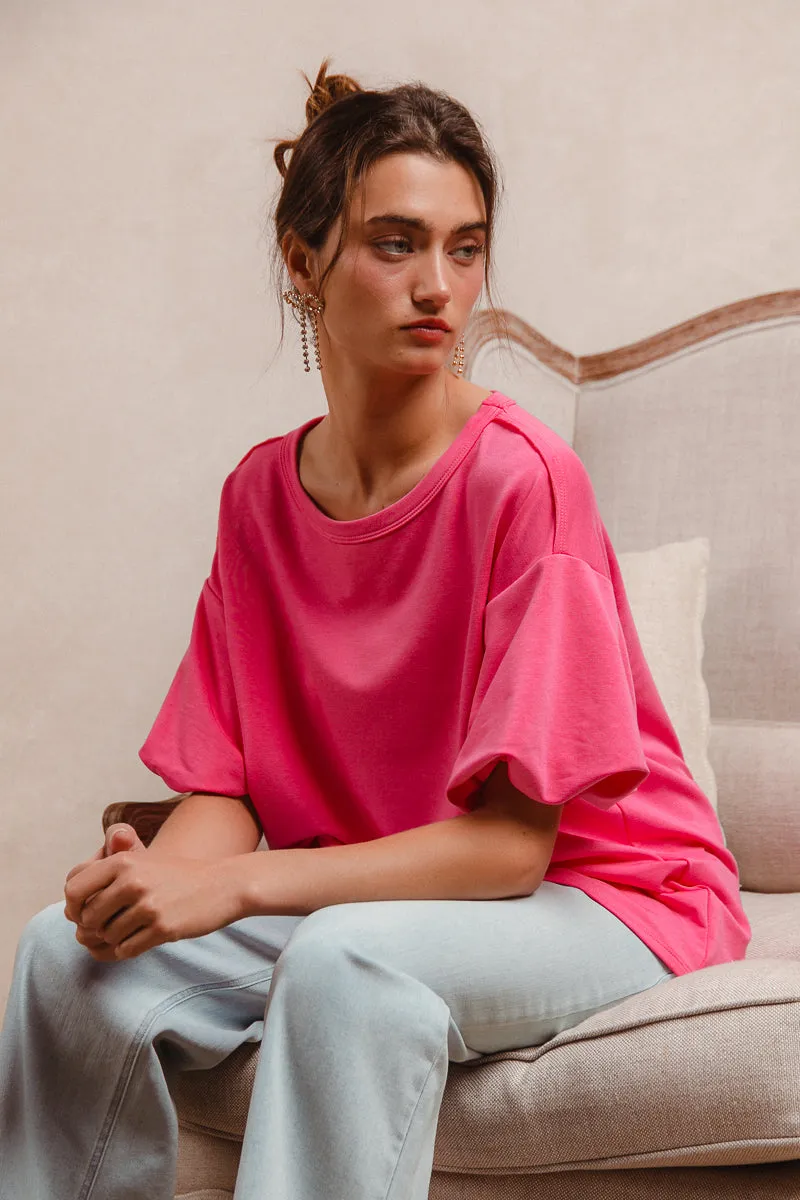 Smart Casual Piece Minimalist Style IT4206R-01M | MODAL TOUCH SOFT KNIT BUBBLE SLEEVE ROUND NECK TOP