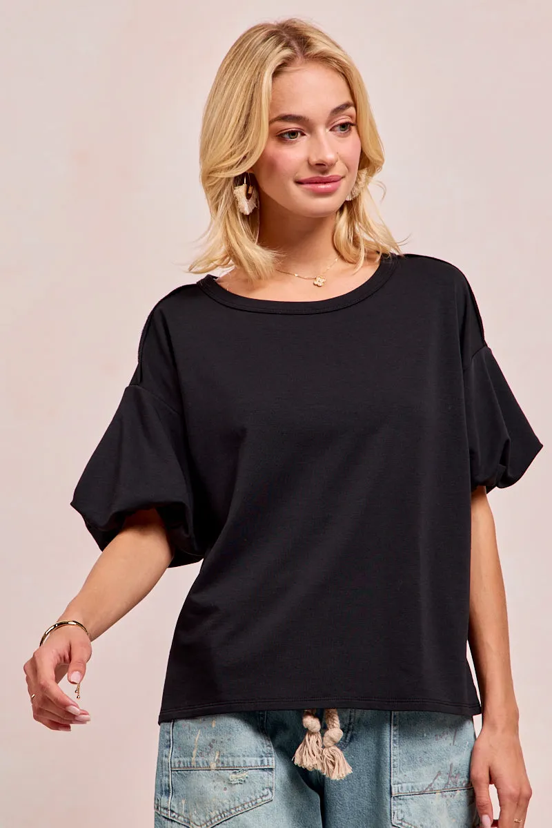 IT4206R-01M | MODAL TOUCH SOFT KNIT BUBBLE SLEEVE ROUND NECK TOP Soft Lined Interior Zipper Closure System