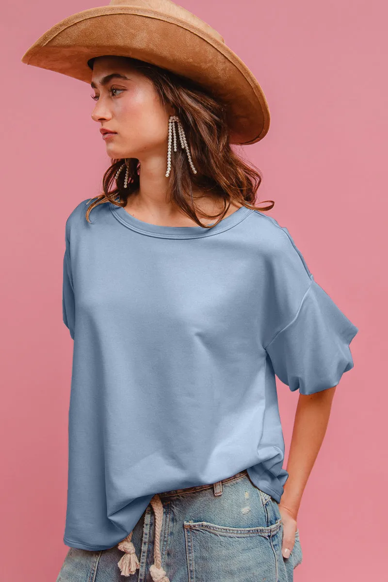 Secure Closure System Universal Fit Framework IT4206R-01M | MODAL TOUCH SOFT KNIT BUBBLE SLEEVE ROUND NECK TOP