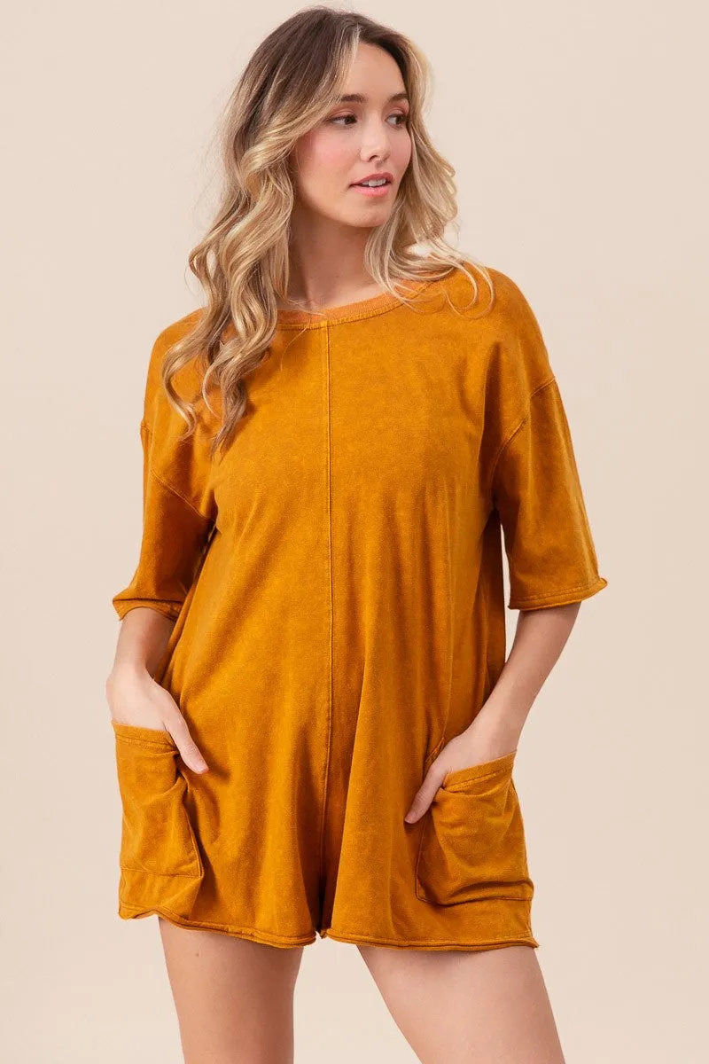 IB1373-01 | SHORT SLEEVE BACK OPEN VINTAGE WASHED ROMPER All-day Comfort SecureZipperClosures