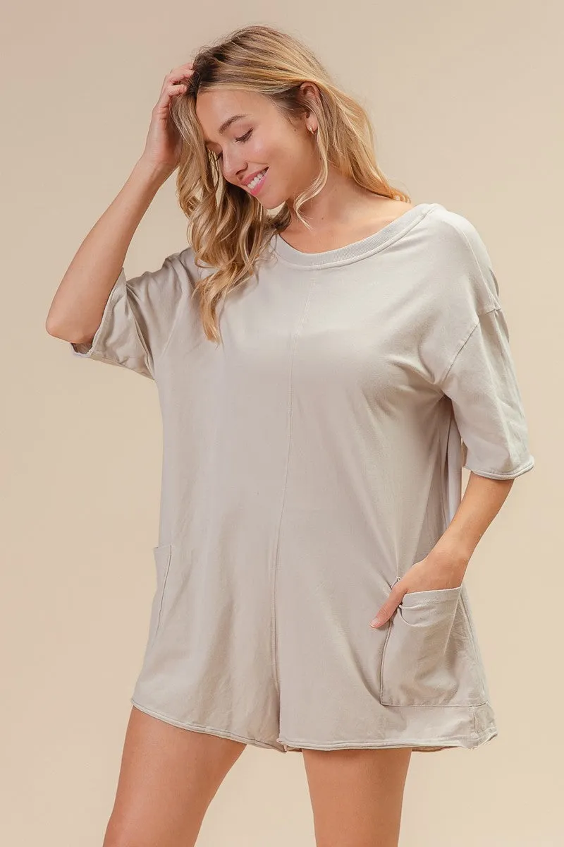 Office Friendly All Use IB1373-01 | SHORT SLEEVE BACK OPEN VINTAGE WASHED ROMPER