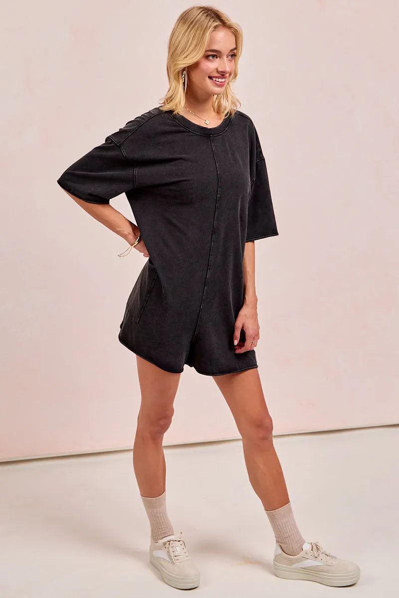 IB1373-01 | SHORT SLEEVE BACK OPEN VINTAGE WASHED ROMPER Ultra Soft Texture