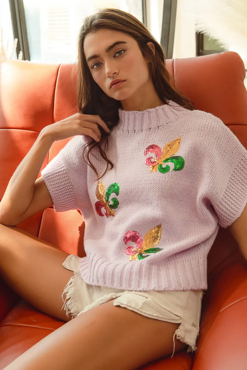 Lightweight IT1388G-14 | SEQUIN FLEUR DE LIS MARDI GRAS SWEATER TOP