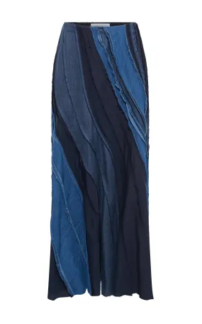 CollapsibleFrame Elora Patchwork Midi Skirt in Medium Blue Recycled Cotton Linen Denim