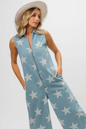 IB1337J-01 | VINTAGE STAR PRINT DENIM ZIP UP OVERALL JUMPSUIT ripstop fabric Form Fitting