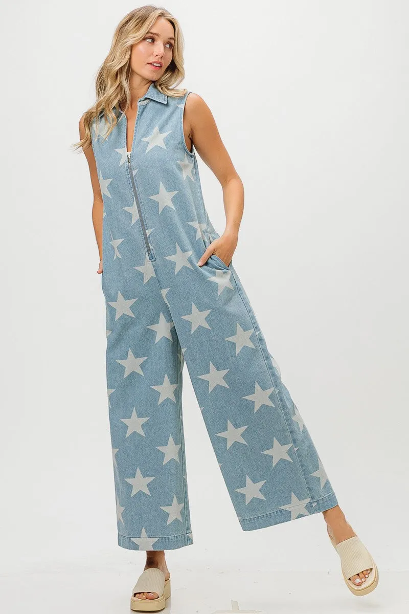 IB1337J-01 | VINTAGE STAR PRINT DENIM ZIP UP OVERALL JUMPSUIT RuggedDurability
