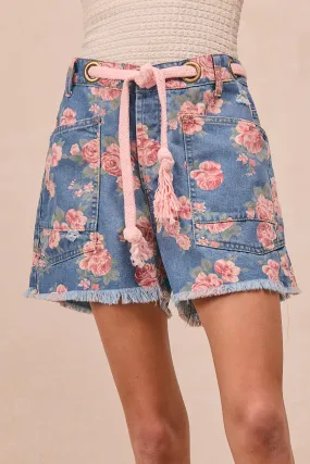 Mesh Lining Comfort Flex Fit IB1683G-03 | BRAIDED WAIST BELT PATCH POCKETS FLORAL PRINT DENIM SHORTS