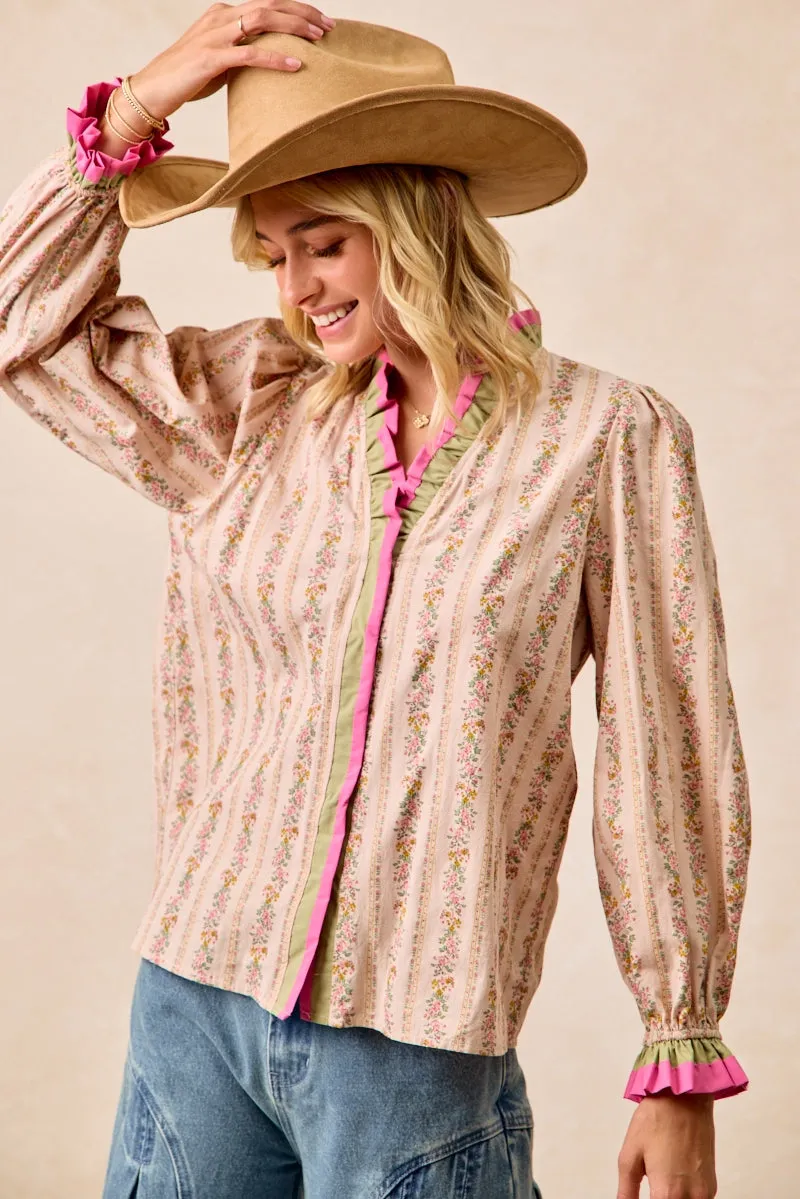 IT4527G-02 | FLORAL STRIPES PRINTED TOP WITH RUFFLE EDGE DETAIL Polished Look