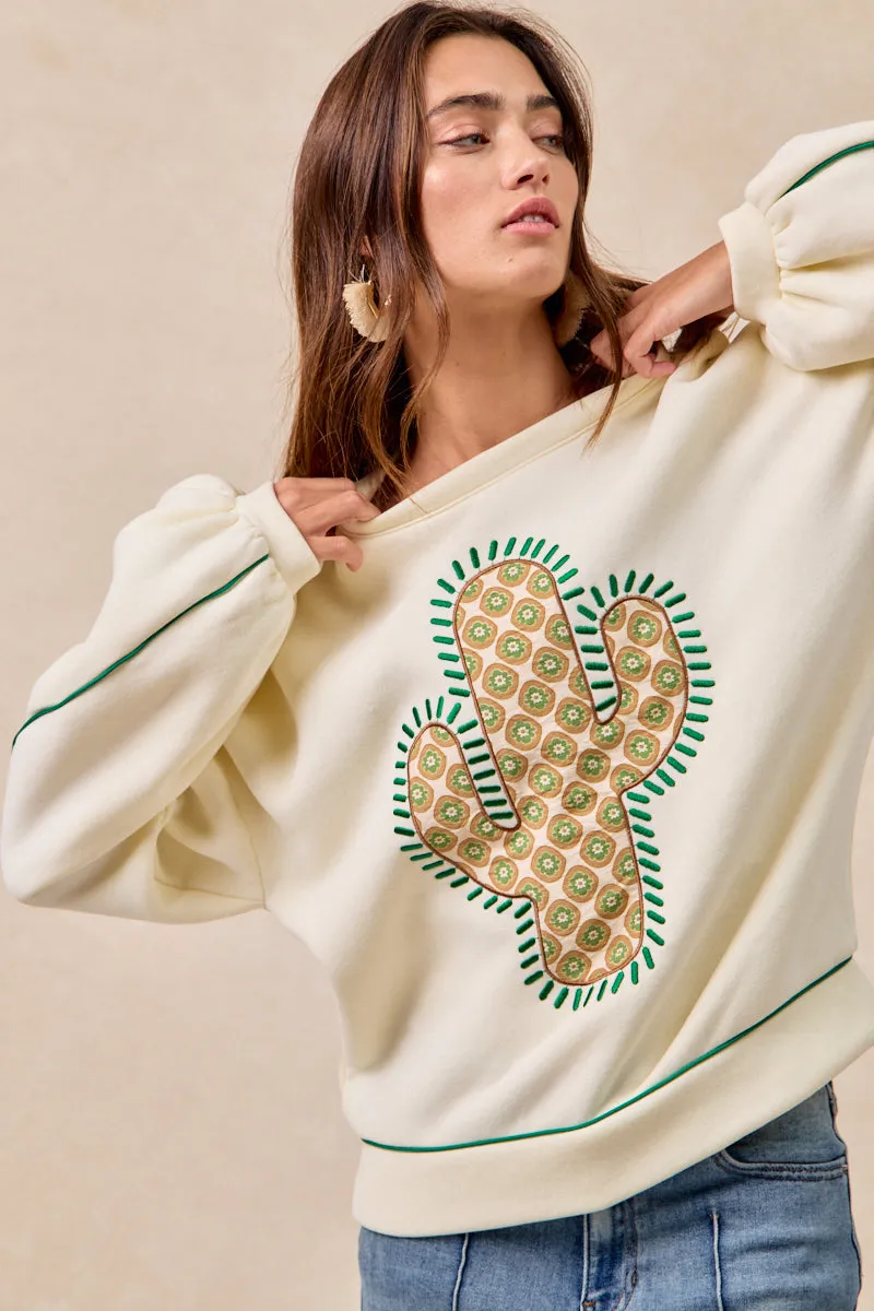 Water Resistant Fabric Eco Friendly Dye IT4475K-01 | CACTUS EMBROIDERED FLEECE SWEATSHIRT