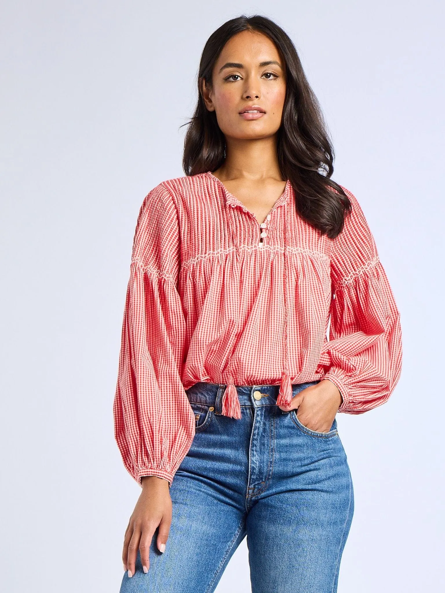 Vivienne Top in Red Gingham Circular Knit Tencel Lyocell Fiber