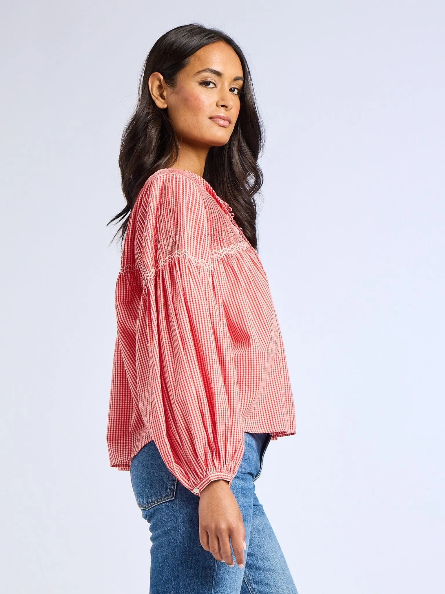 All Season Wear Fabric Vivienne Top in Red Gingham