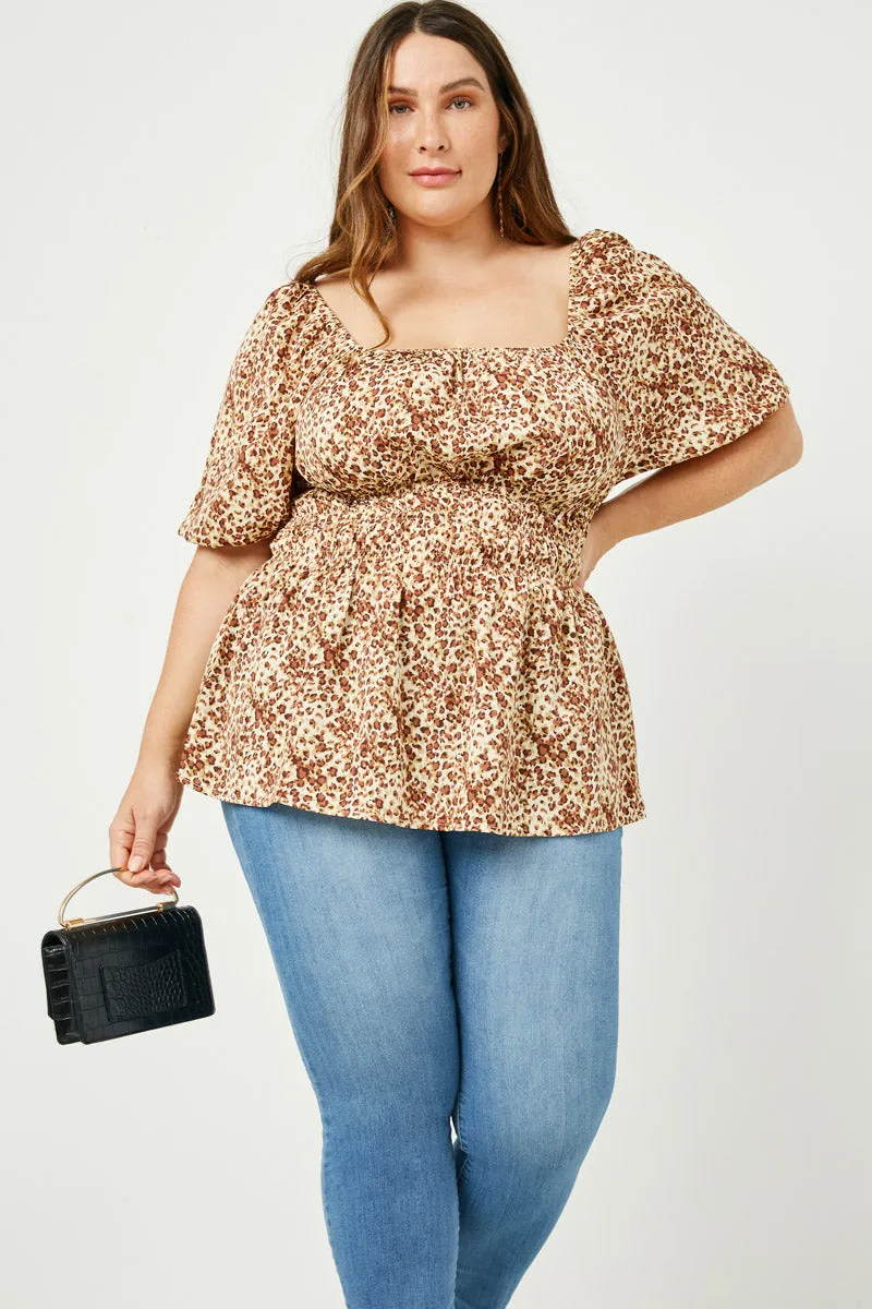 NonIrritatingEdges Snag Resistant Fabric Leopard Print Spaced Smocked Square Neck Top