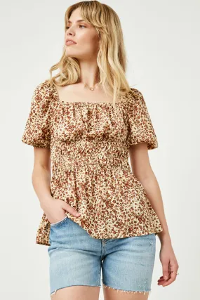 ReflectiveTrims StretchComfort Leopard Print Spaced Smocked Square Neck Top