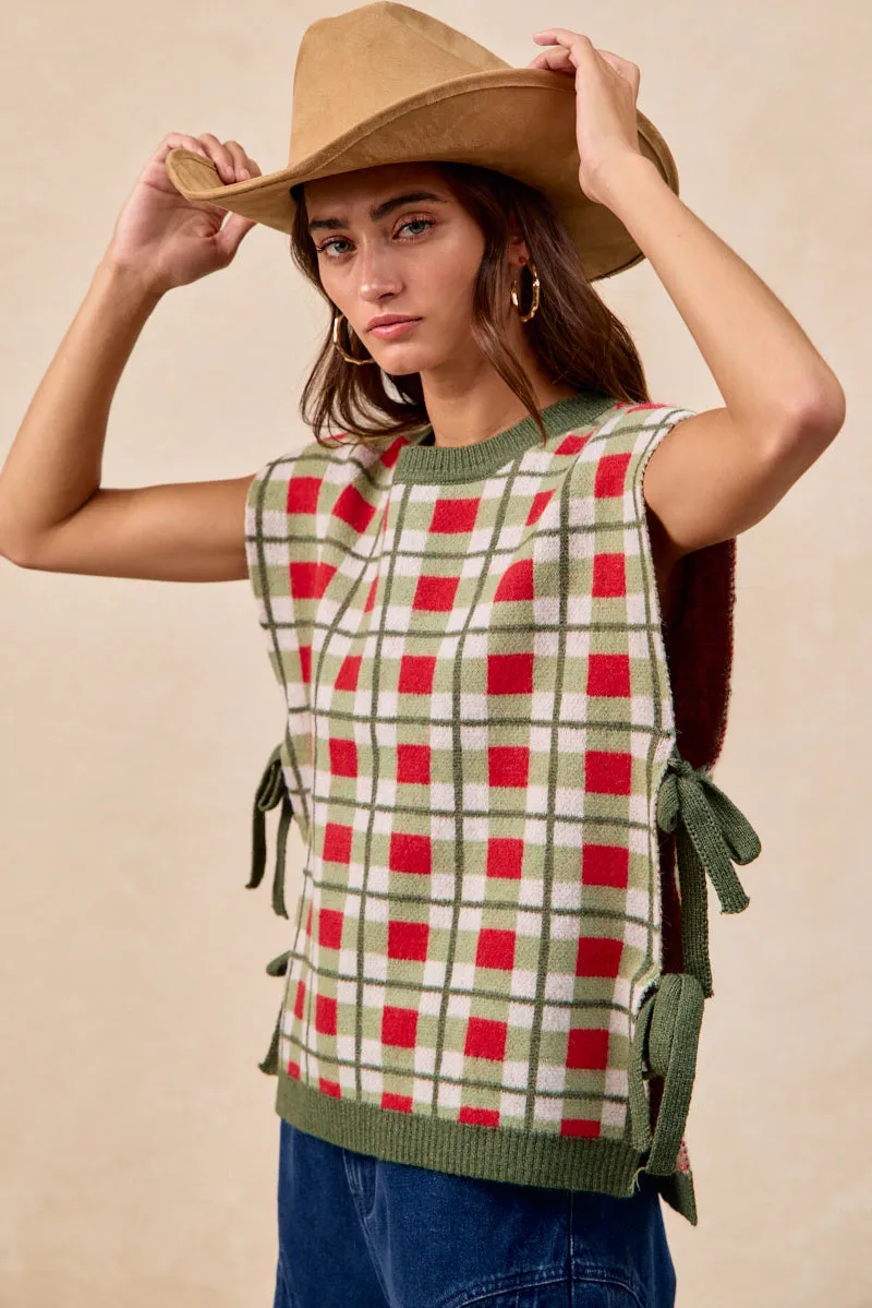 Hip Friendly Pockets IT3515G-15 | CHRISTMAS PLAID PATTERN SIDE TIED SWEATER VEST