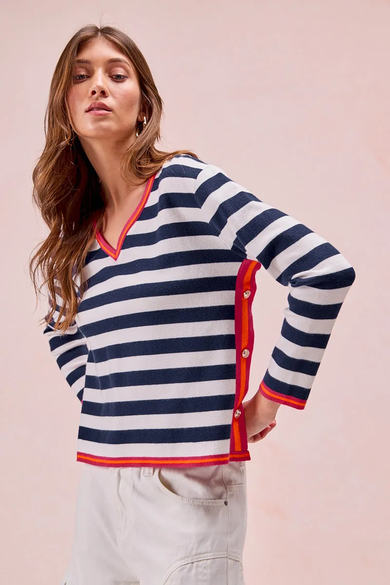 IT4248-01 | STRIPE KNIT WITH CONTRAST BANDED SIDE BUTTON TOP Buttery Soft Handfeel