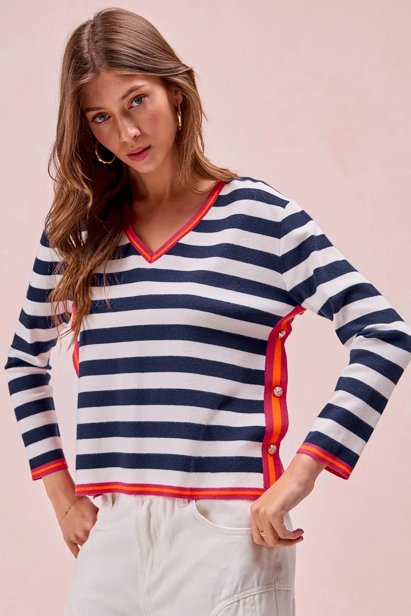 Reflective accents IT4248-01 | STRIPE KNIT WITH CONTRAST BANDED SIDE BUTTON TOP