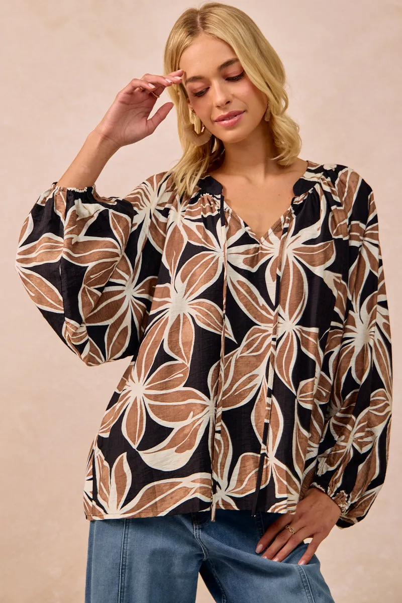 MultiPocket Layout IT4362G-01 | FLORAL PRINT BALLOON SLEEVES TOP WITH FRONT TIE