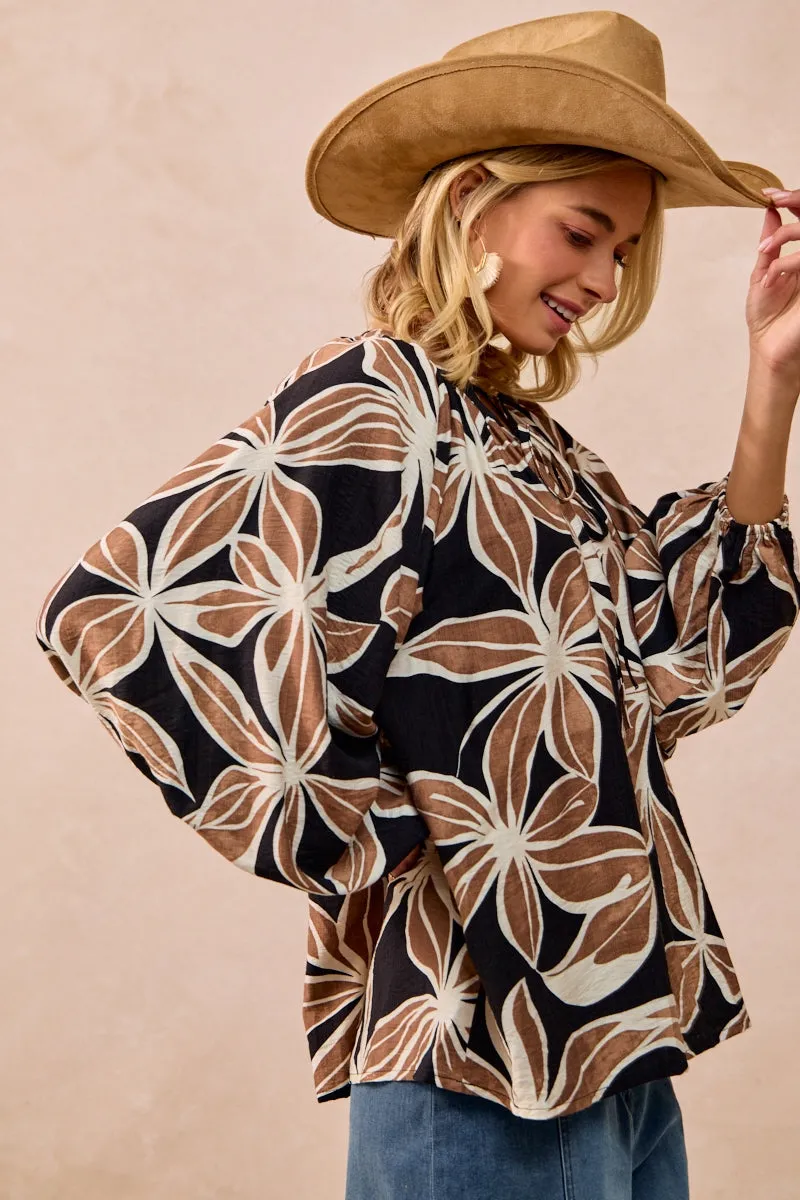 IT4362G-01 | FLORAL PRINT BALLOON SLEEVES TOP WITH FRONT TIE Compact Storage