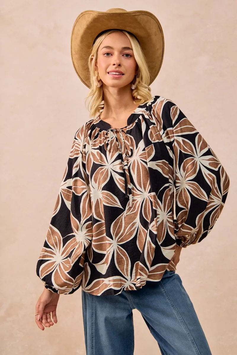 City Look IT4362G-01 | FLORAL PRINT BALLOON SLEEVES TOP WITH FRONT TIE
