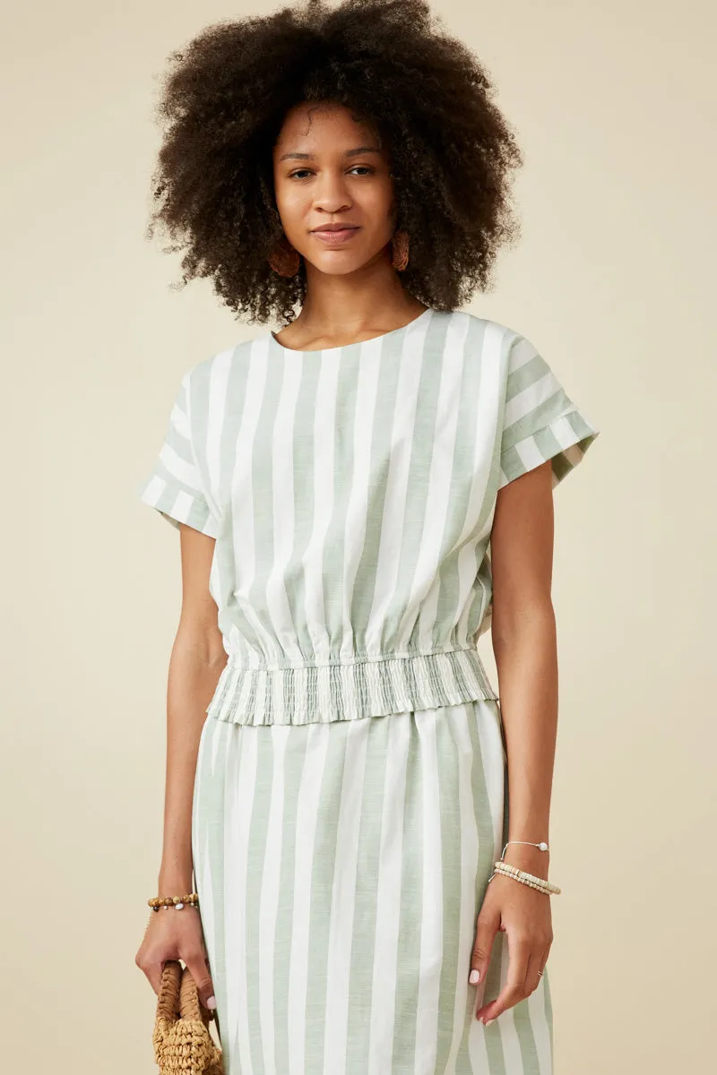 Button Detail Striped Smock Hem Cropped Dolman Top DropShoulderConstruction YarnDyed Stripes