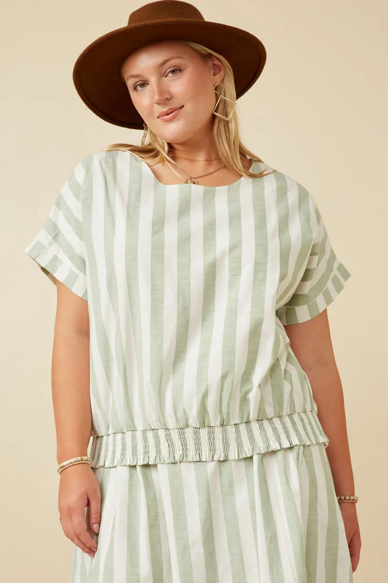 Button Detail Striped Smock Hem Cropped Dolman Top AbrasionResistantFabric