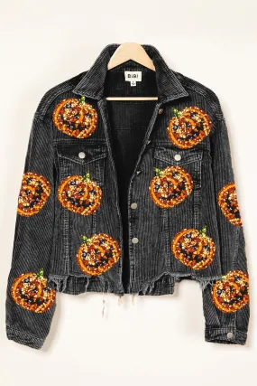 IP6187J-17 | PUMPKIN SEQUIN EMBROIDERY WASHED CORDUROY JACKET Zipper Closure Mechanism Climate Responsive Textile