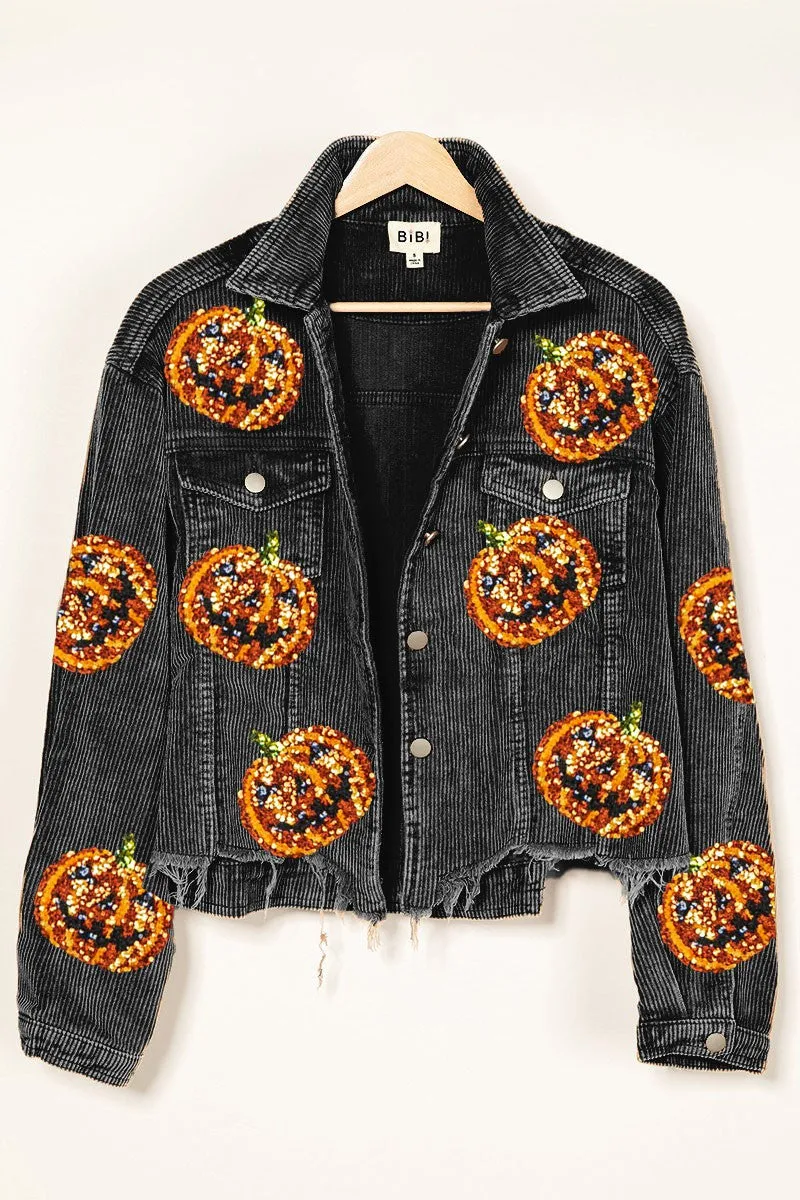 IP6187J-17 | PUMPKIN SEQUIN EMBROIDERY WASHED CORDUROY JACKET Zipper Closure Mechanism Climate Responsive Textile