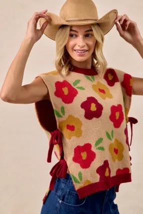 Midweight Texture IT3515G-13 | FLORAL PATTERN SIDE TIED SWEATER VEST