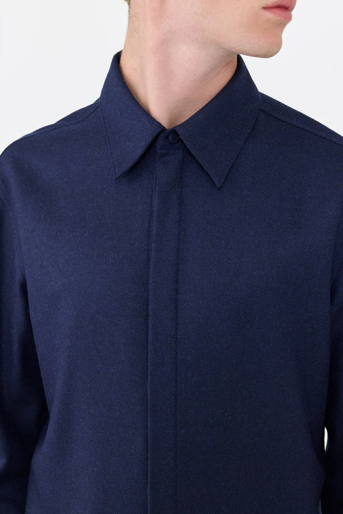 Abbe Shirt in Navy Wool Cashmere Flannel Foldable Cuff Design