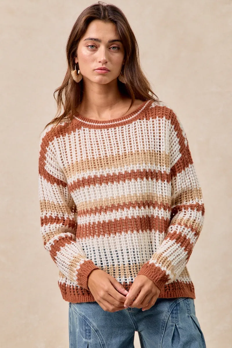 Trendy Look OdorControl Technology IT4490H-01 | STRIPED OPEN KNIT SWEATER WITH LONG SLEEVES