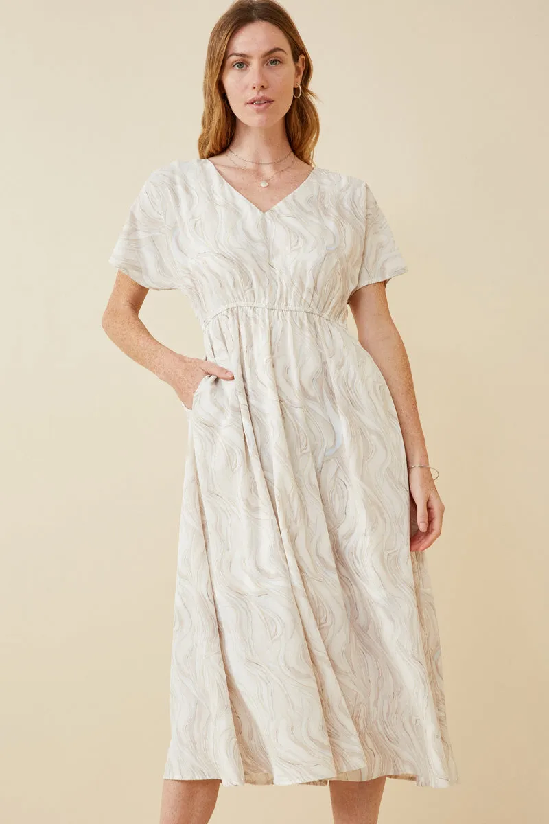 Bow-Detail Soft Wave Print Dolman Sleeve Dress