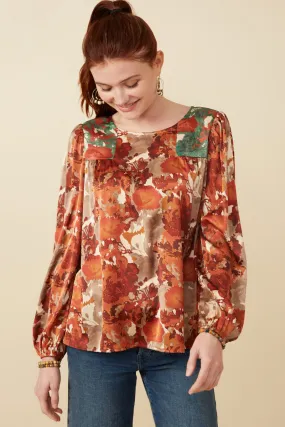 Abstract Botanical Print Blocked Long Sleeve Top Reflective Trim