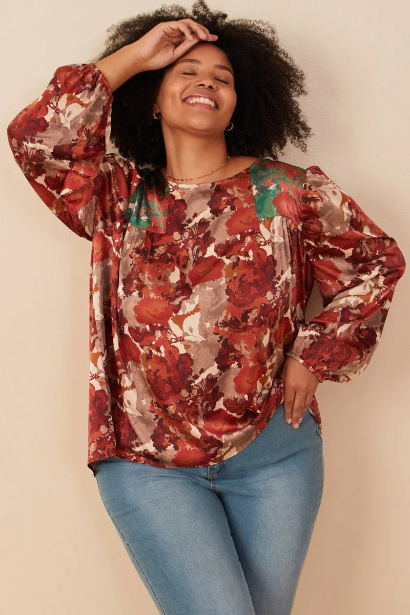 Everyday Comfort Abstract Botanical Print Blocked Long Sleeve Top