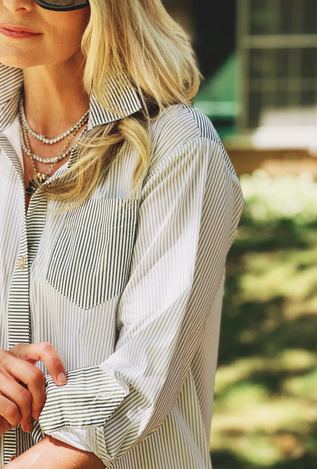 Breathable Microfiber BoxyCrop Midi Boyfriend Shirtdress - Olive Stripe