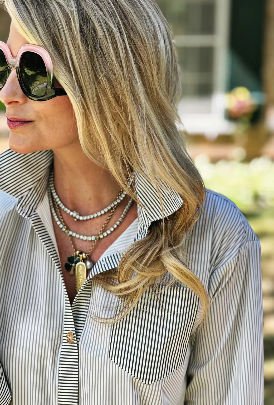 Midi Boyfriend Shirtdress - Olive Stripe FlatlockSeamTechnique LaserCut Edges