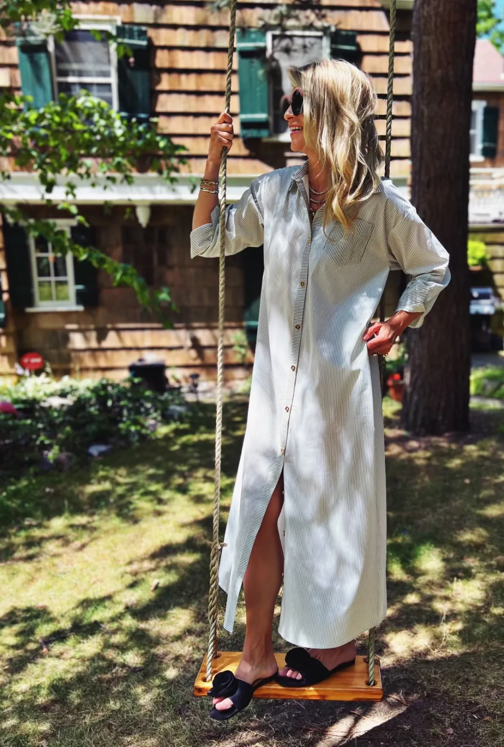 Midi Boyfriend Shirtdress - Olive Stripe ArticulatedElbowShaping Comfortable Wear