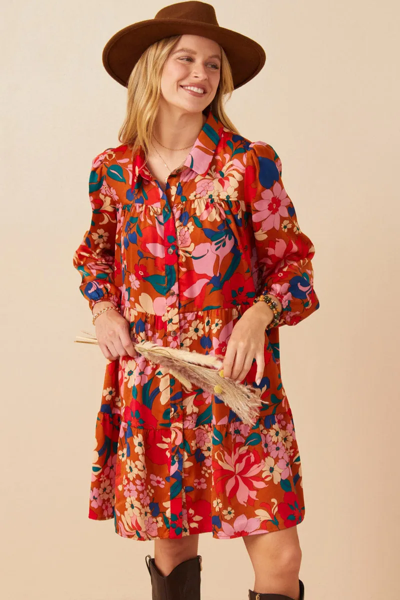 Travel-Essential Retro Floral Button Down Tiered Tunic Dress