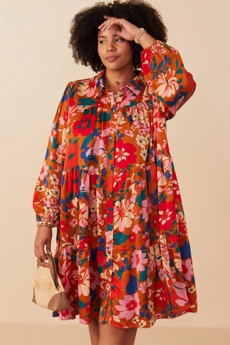 Retro Floral Button Down Tiered Tunic Dress Sleek Cut