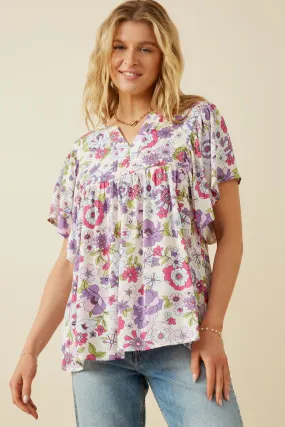 Retro Floral Flutter Sleeve Top Active Blouse Office Attire