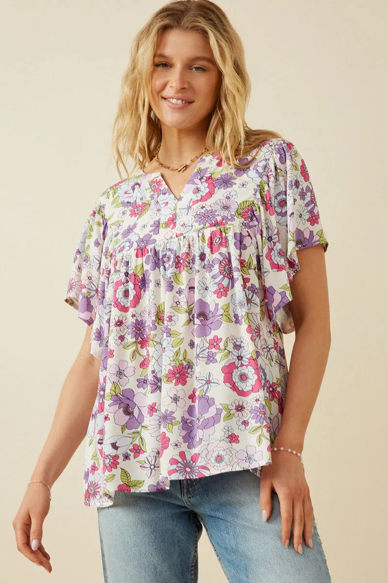 ClassicCrewNeck Retro Floral Flutter Sleeve Top
