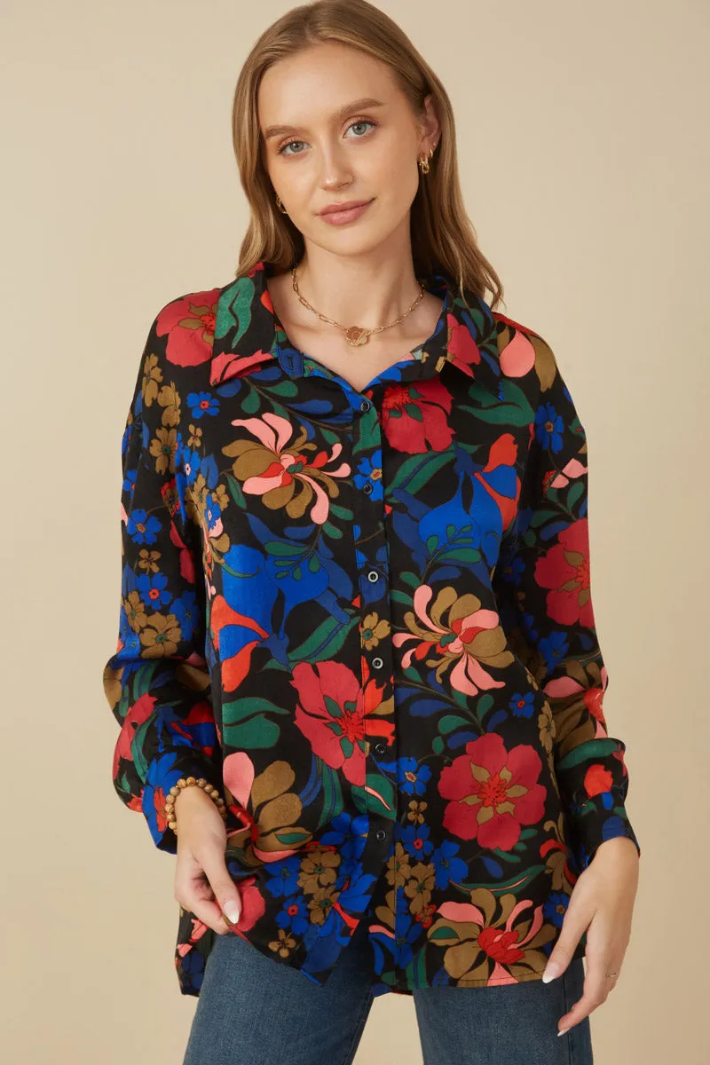 Retro Floral Satin Button Down Oversized Shirt AntiPill Surface