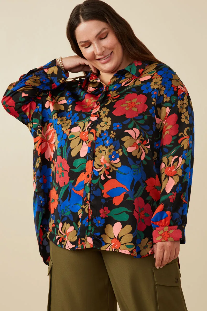 ConvertibleCollarSystem MoistureWicking Fabric Retro Floral Satin Button Down Oversized Shirt